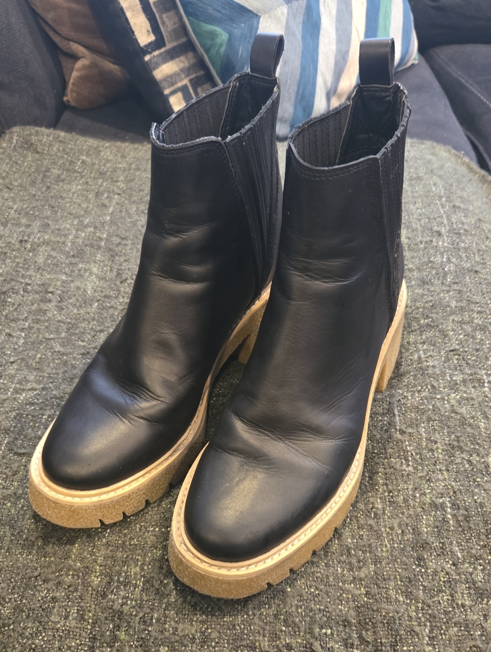 Dolce Vita Black Leather Chelsea Boots with Tan Lug Sole